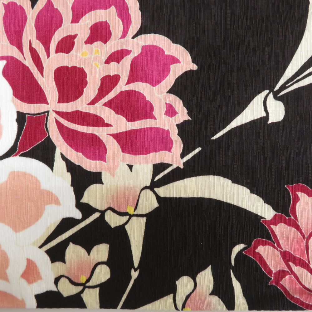 半幅帯 正絹 リバーシブル 黒xライトブラウンxピンク 花模様x