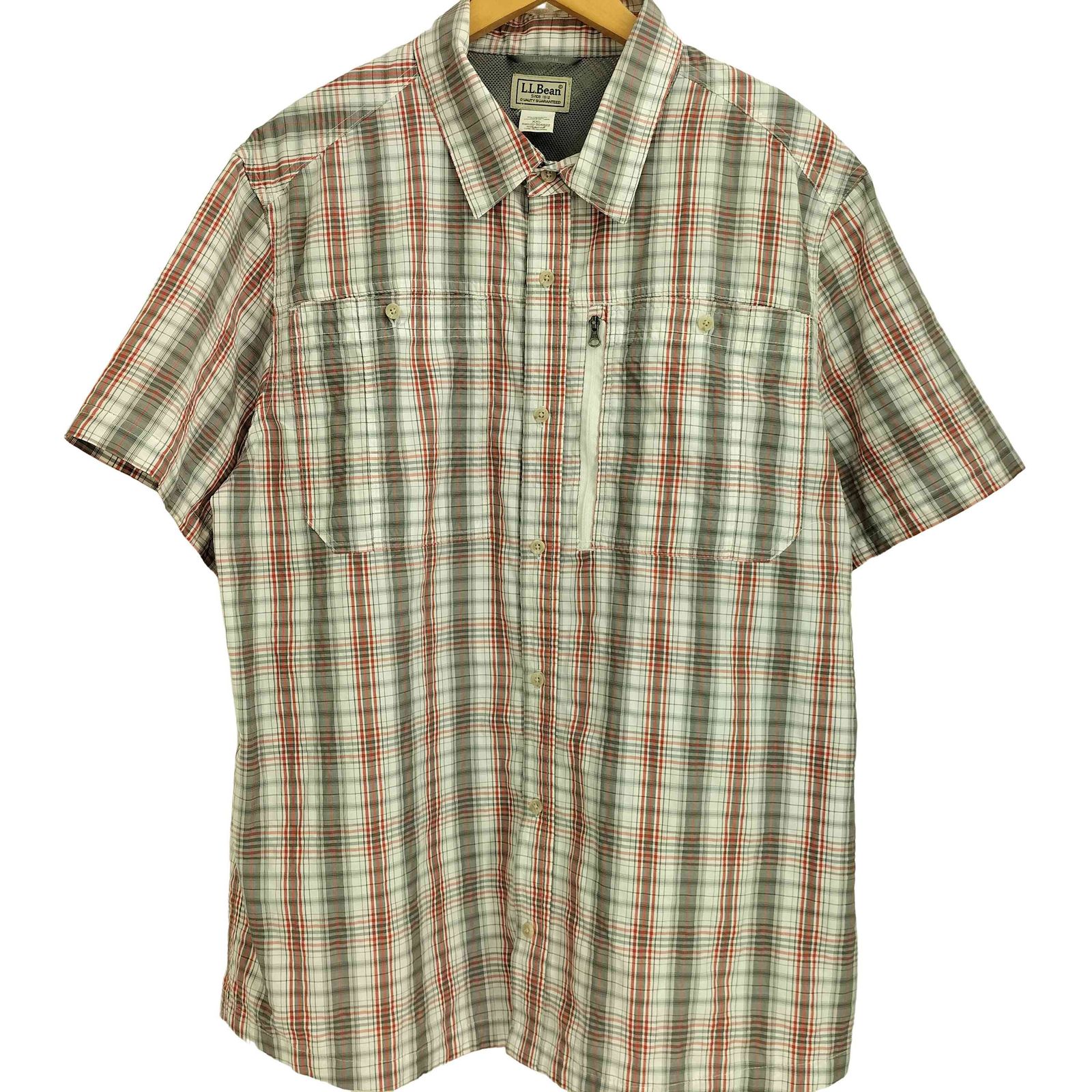 エルエルビーン L.L.Bean ポケット ジップデザイン ボックスシルエット シアサッカー半袖 チェックシャツ メンズ  XXL
