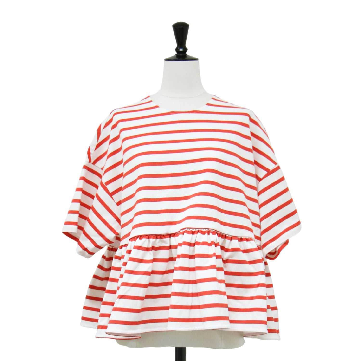 yori ヨリ カットソー レッド ホワイト サイズ | ヘムフリル ボーダー カットソー | Tシャツ 半袖 ショートスリーブ フ | | トップス レディース