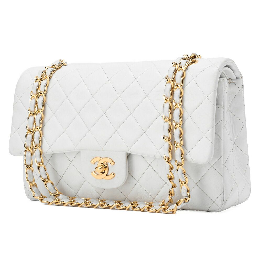 CHANEL シャネル ショルダーバッグ マトラッセ ダブルフラップ 25cm チェーンショルダー ラムスキン 白 ゴールド金具 レディースバッグ ブランド