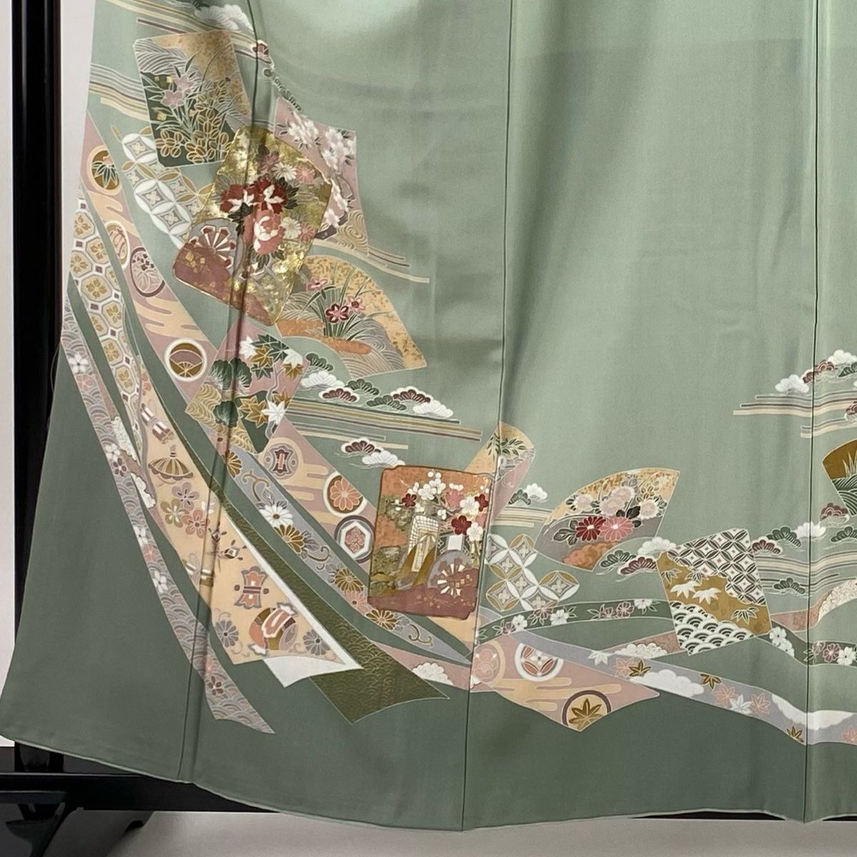 未使用　灰黄緑色 正絹　友禅　訪問着　フルセット　身丈162 裄丈67 未使用 灰黄緑色 正絹 友禅 訪問着 フルセット 身丈162 裄丈67