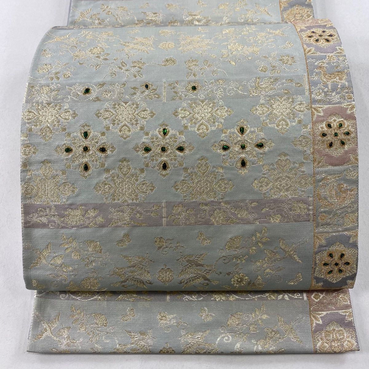 s*引様 美品　綴れ　袋帯　花食鳥　花柄 袋帯 美品 逸品 落款 とみや織物 向かい鳥 草花 金銀糸 箔 青緑 六