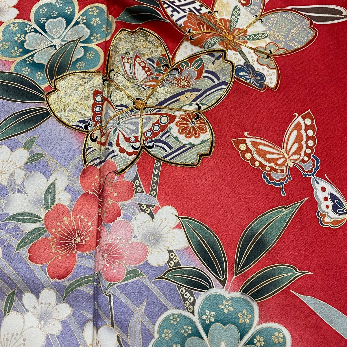 振袖 ⭐️身丈174.5cm L 袷 蝶 薔薇 金彩 赤 正絹 秀品 【中古】