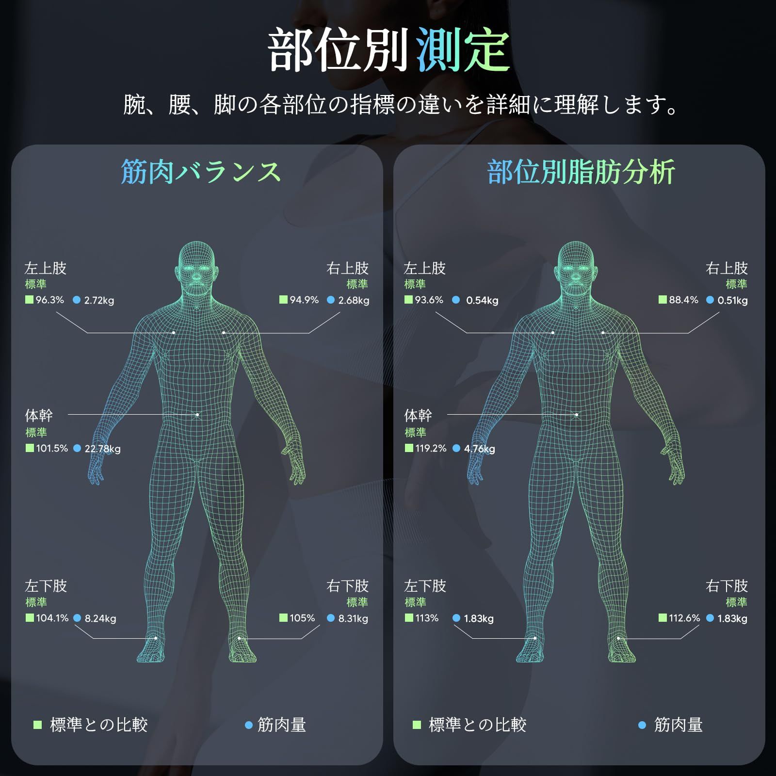 全身測定方式 体重|体脂肪率|BMI|筋肉量|26項目測定
