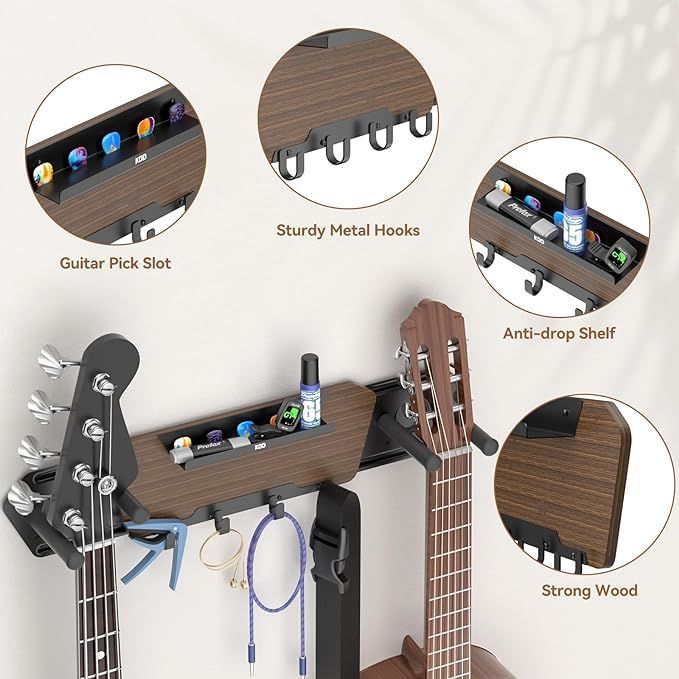 KDD ギタースタンド 壁掛け 2本収納 木製 ギターフック 取り外し可能