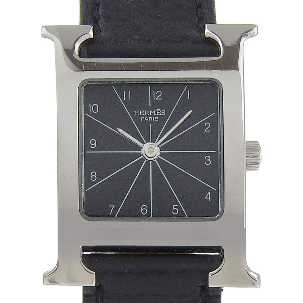 HERMES エルメス HH1.210 ステンレススチール×型押しレザー ▢G クオーツ アナログ表示 レディース 黒文字盤 腕時計