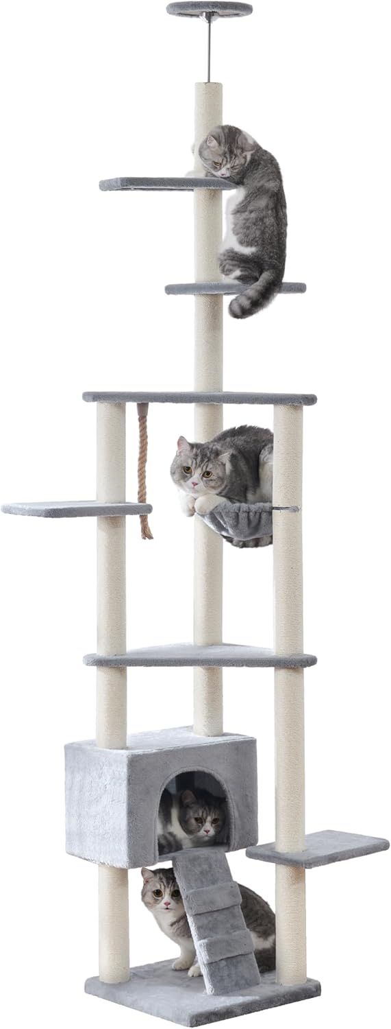 U-Yocanpet キャットタワー 突っ張り スリム 省スペース 高さ調整幅240-260cm 全柱天然サイザル麻 爪とぎガリガリ ハンモック付き 隠れ家 ポンポン おもちゃ 全縄巻き 3本支柱 強い安定性 多頭飼い 運動不足 ストレス解消 ライトグレー