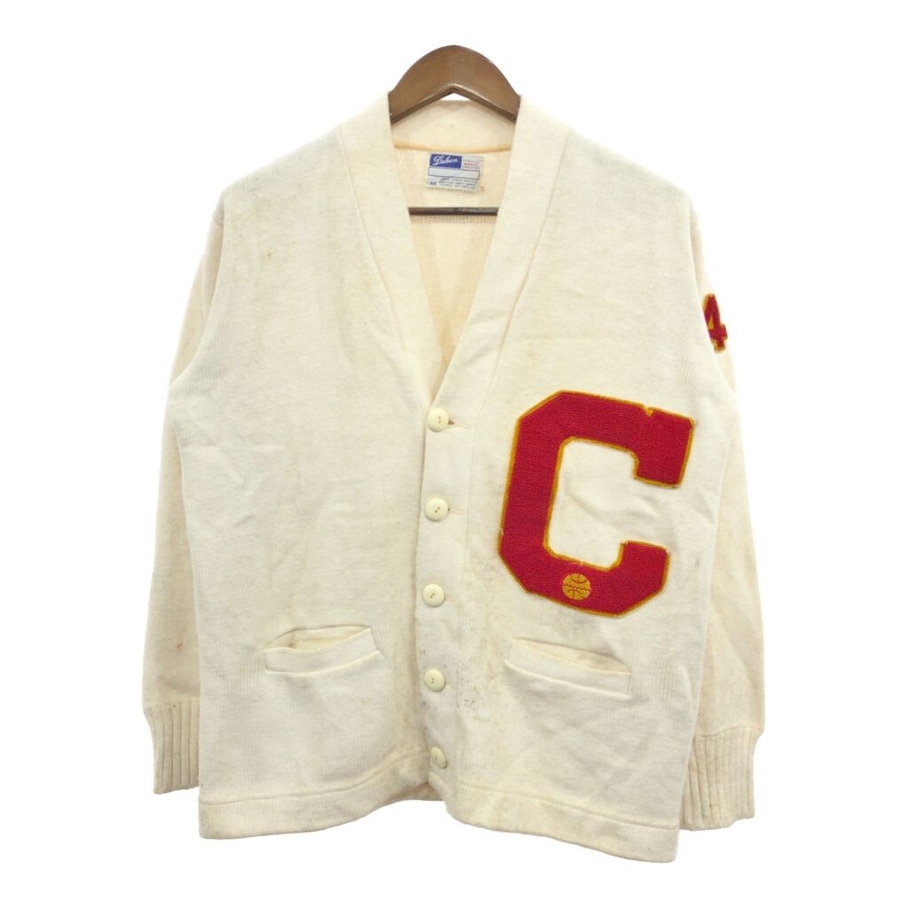 70年代 DEHEN アクリル ニット カーディガン ヴィンテージ カレッジ ホワイト (メンズ 40) 中古 古着 Q8593