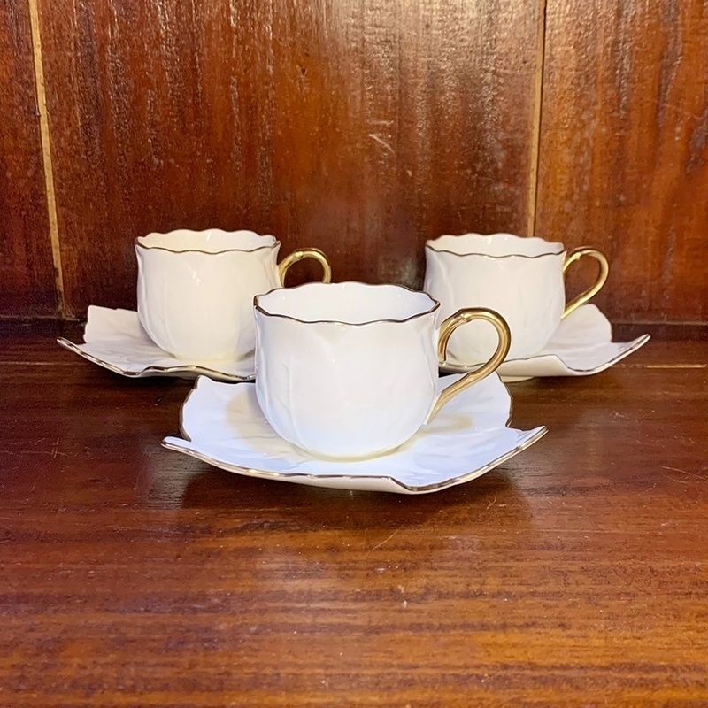 NARUMI カップ＆ソーサー 3客セット デミタス 白金 ホワイト 金彩 フラワー 花 ナルミ 変形皿 小さめ 小容量 洋食器 オシャレ RU 0721 1