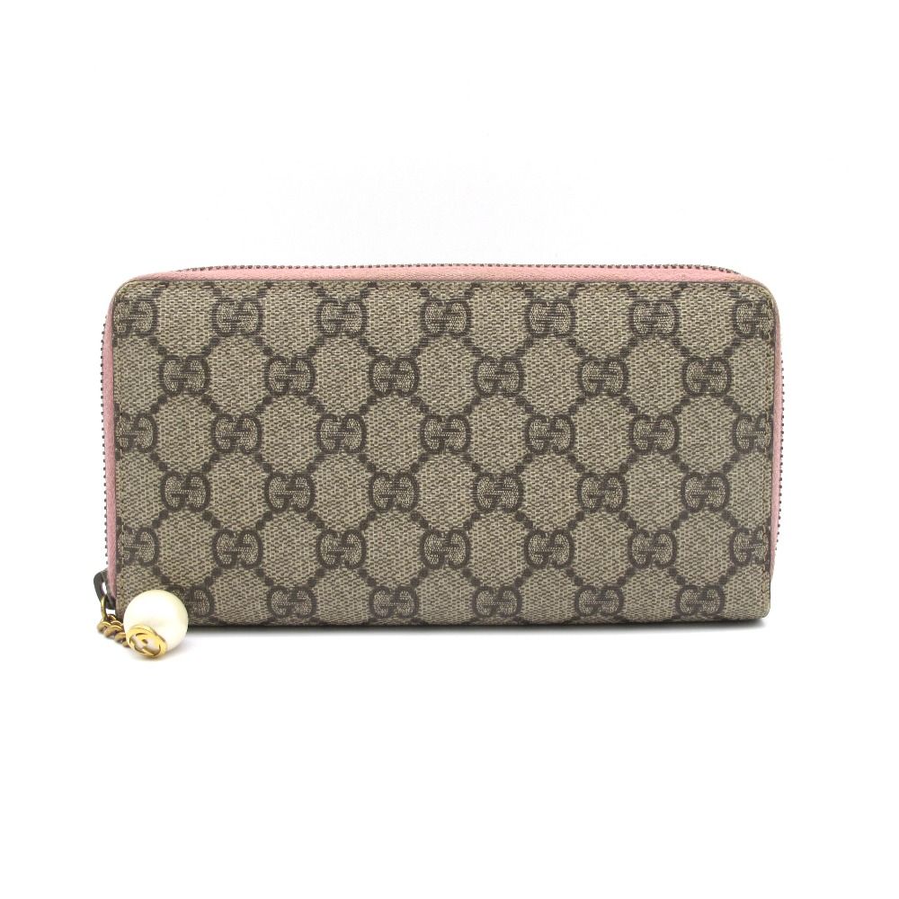 GUCCI グッチ GGスプリーム ジップアラウンドウォレット ラウンドファスナー長財布 431477 チェーン パール ベージュ ピンク PVC レザー