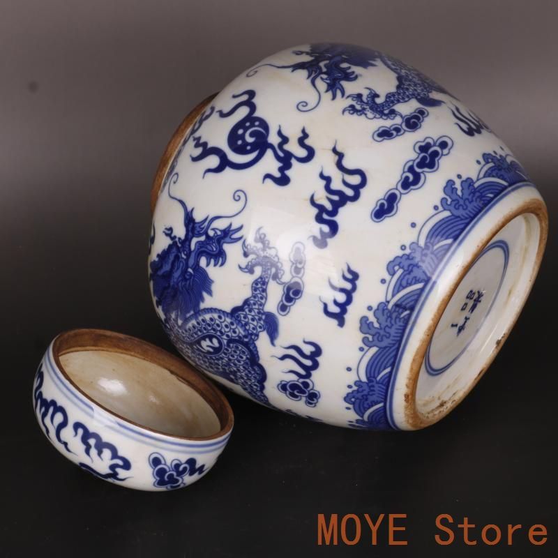 清康熙鯖双龍戯珠紋蓋缶 景徳鎮 陶磁器 装飾品 現代工芸品 美術品 置物