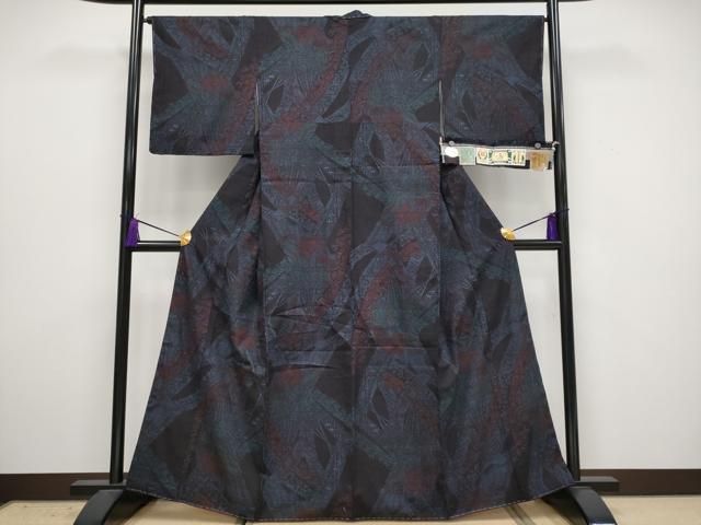 平和屋着物 上 本場結城紬 重要無形文化財 100亀甲 扇面飛鶴花文 濃紺地 証紙付き CYAA3342s5