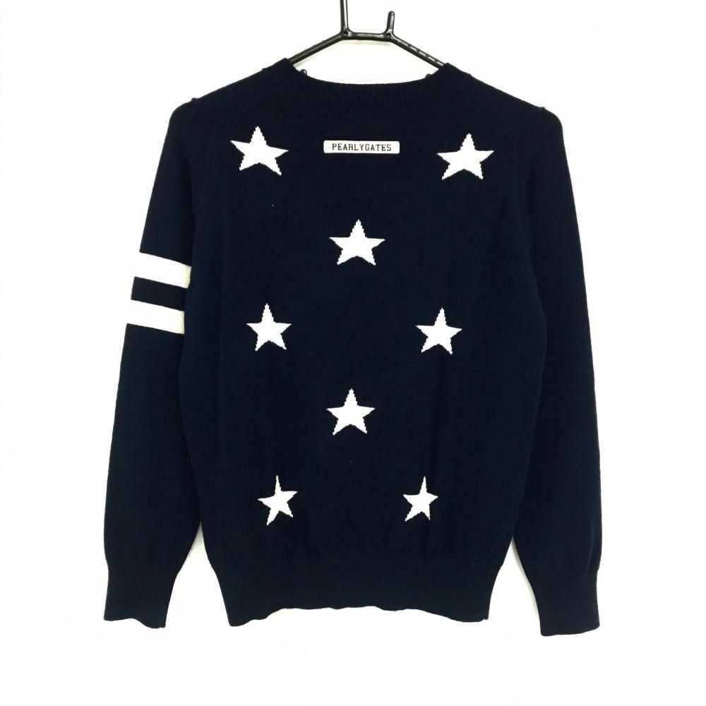 美品】パーリーゲイツ セーター ネイビー×白 PGニコちゃん カシミヤ混  