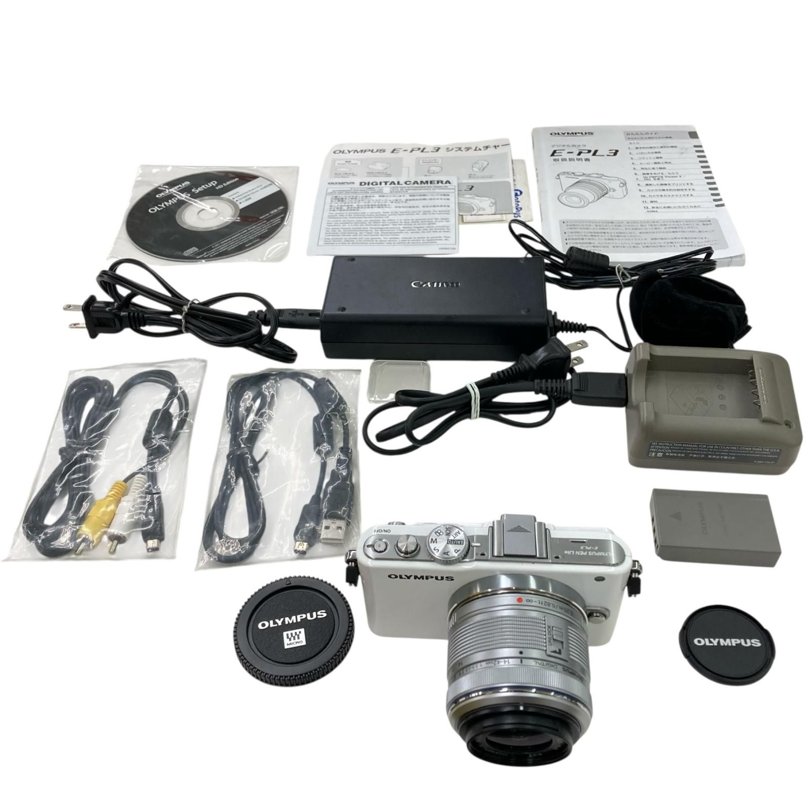 186000 OLYMPUS オリンパス 本体 充電器 PEN 説明書付き 通電 済み バッテリー E-PL3 ホワイト ミラーレス一眼 レンズ付き