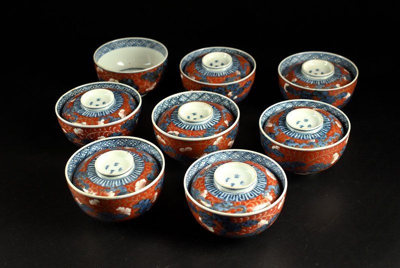 蔵A4184b 伊万里 赤手染錦蓋茶碗 蓋物 七客 幕末頃