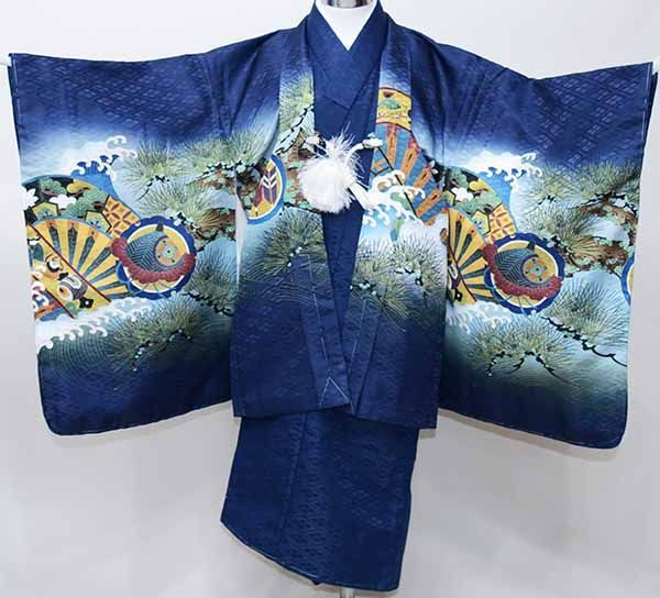 七五三 五歳 男児 紋付 羽織袴セット 合繊 海外製 黒無地 縞袴 紋入れ