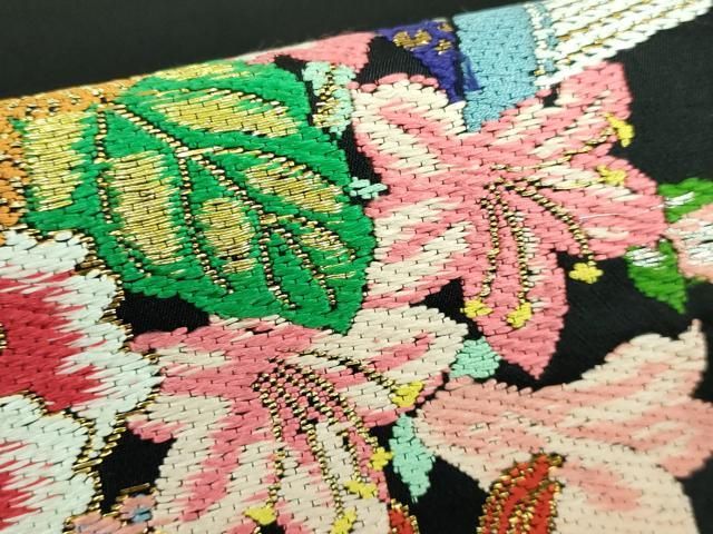 平和屋本店□最高級 龍村平蔵製 丸帯 玉たれの花錦 黒地 金糸 逸品