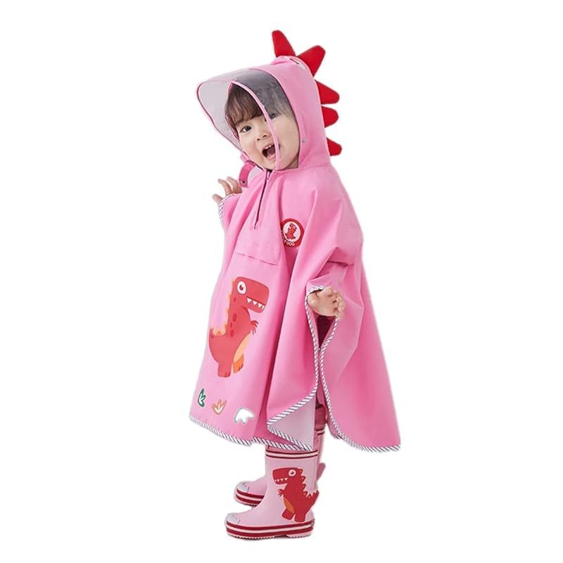 子供 レインコート 恐竜 ランドセル対応 男の子 女の子 カッパ キッズレインウェア ポンチョ 雨具 かわいい 防水 透明ツバ 収納袋付き raincoat 通学 通園 アウトドア ピンク Sサイズ 1