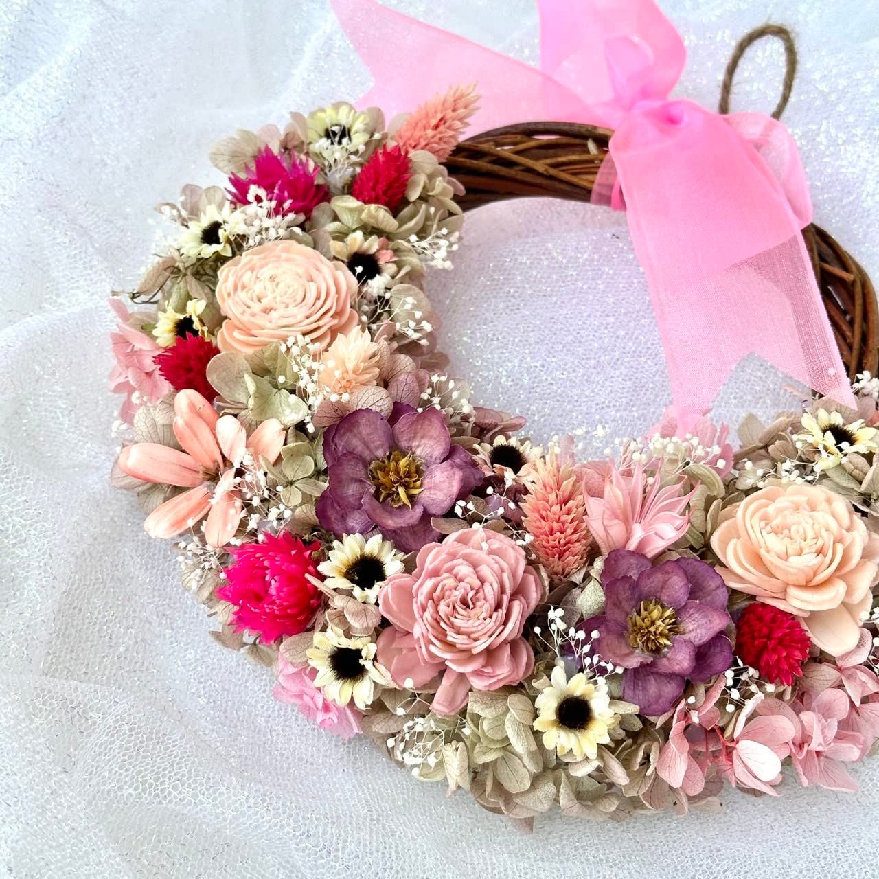 数量限定】Lulu's ルルズ 三日月のフラワーリース ピンク プリザーブド