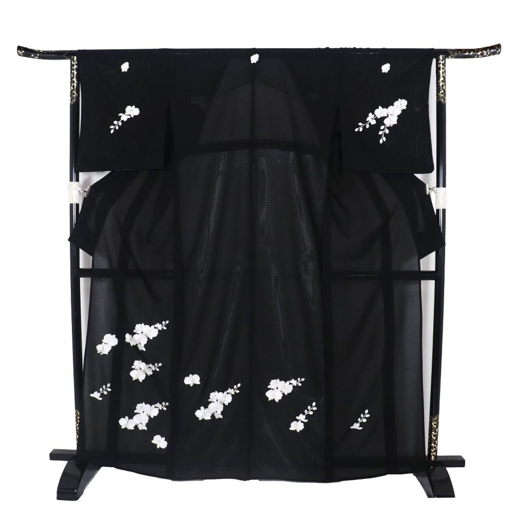 正絹 刺繍 トールサイズ 訪問着 着物 A3798 絽 訪問着 正絹 黒 刺繍 胡蝶蘭 トールサイズ LLサイズ ki30725