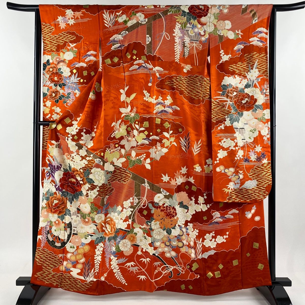 振袖 身丈164cm 裄丈64.5cm M 袷 花車 雲文 刺繍 金糸 オレンジ 正絹 秀品