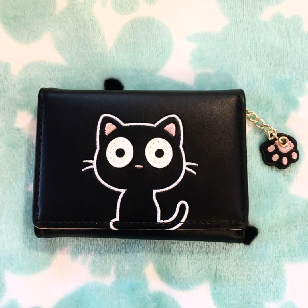 財布 子供 ミニ財布 三つ折り 黒猫 カードケース キャッシュレス PUレザー