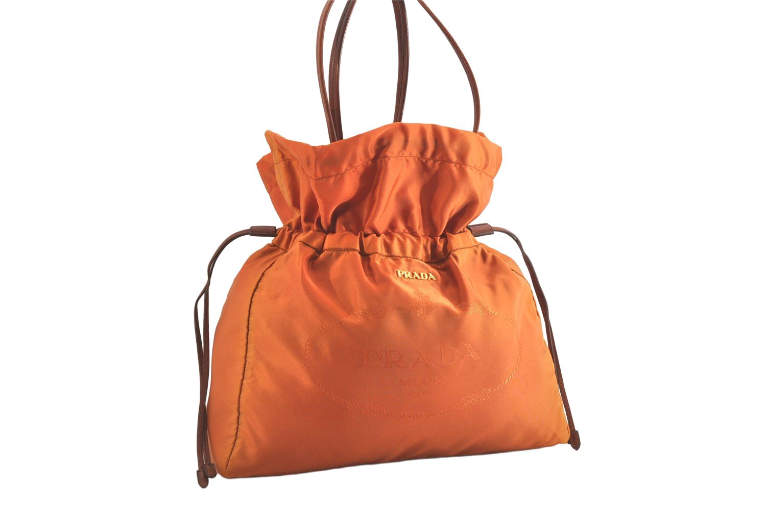 PRADA プラダ ヴィンテージ ナイロン レザー ショルダートート巾着型バッグ オレンジ 2754N