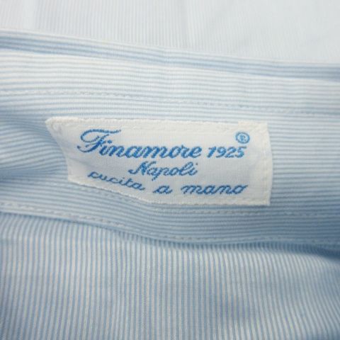 フィナモレ finamore 半袖シャツ シルク 絹 ラウンドカット ロゴ刺繍 ストライプ 40 S 青 ブルー /MN21 ■GY43 レディース FINAMORE - フィナモレ 半袖シャツ 絹 ラウンドカット ロゴ刺繍