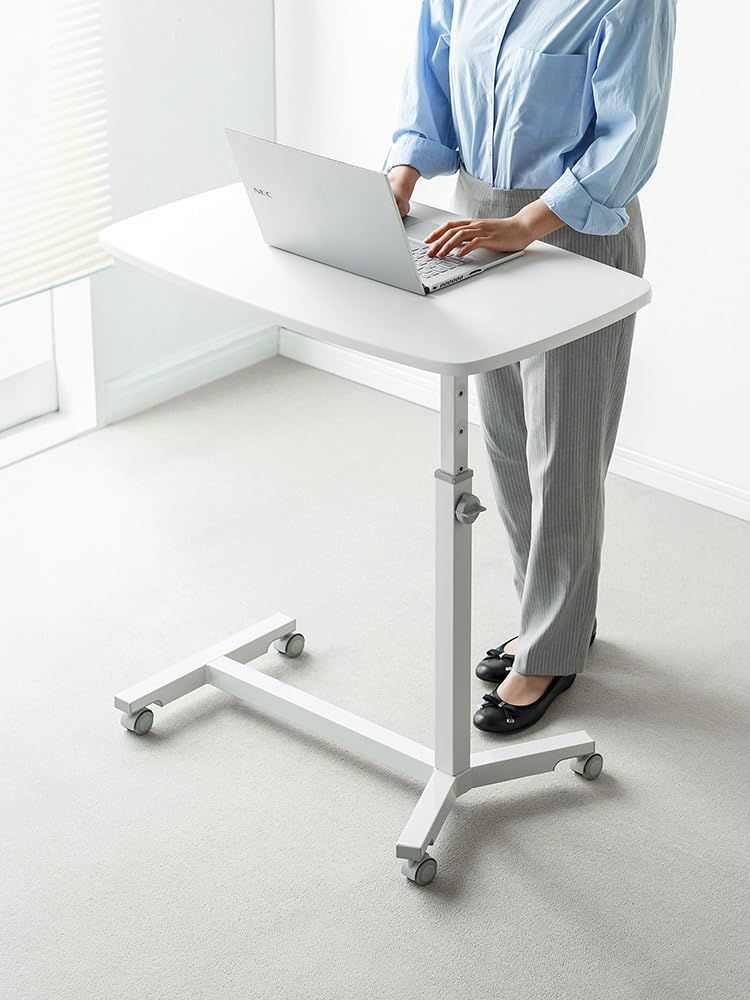 イーサプライ ベッドテーブル サイドテーブル 天板大きめ 幅80cm 奥行48cm 高さ68～86cm 4段階調節 キャスター付き 介護 病院 ホワイト