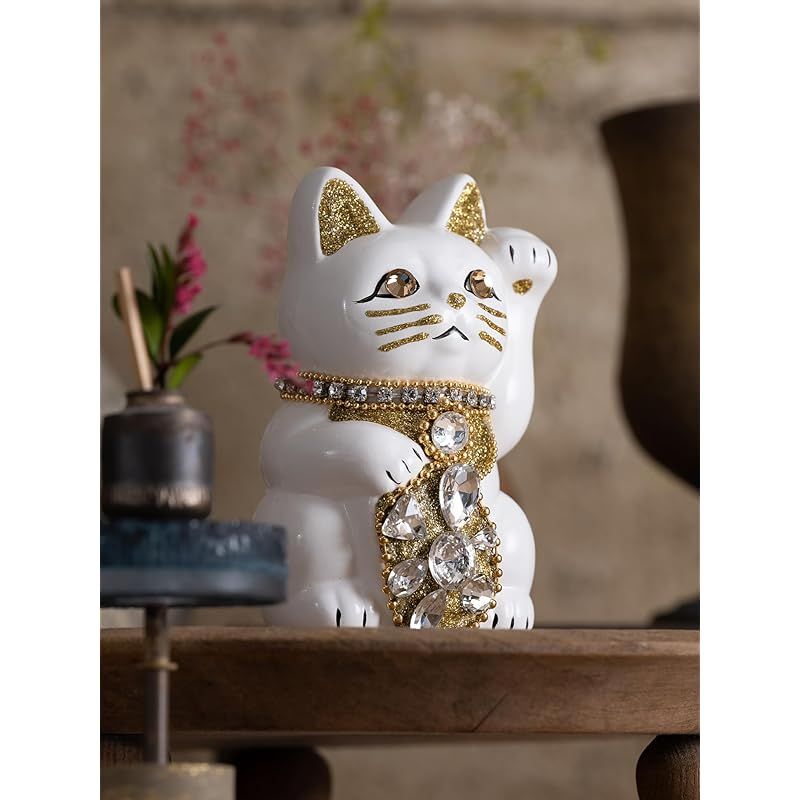 ☆ご縁猫☆招き猫 置物 ゴールド＆ホワイト Amazon.co.jp: ご縁猫 ミリオネアキャット(M-SIZE 白 White）右手あげ