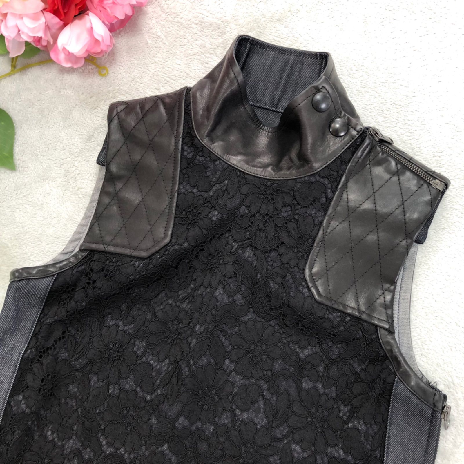 DIESEL デニムワンピース レザー切り替え レース 花柄