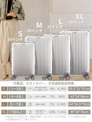 軽量 耐衝撃 大型 TSAロック シルバー 静音 ダブルキャスター キャリーバッグ 出張 機内持ち込み ビジネス キャリーケース 旅行 修学用 オールアルミ合金 Silver スーツケース XLサイズ Airmood 100L SKLAD-KIRPICHA_RU