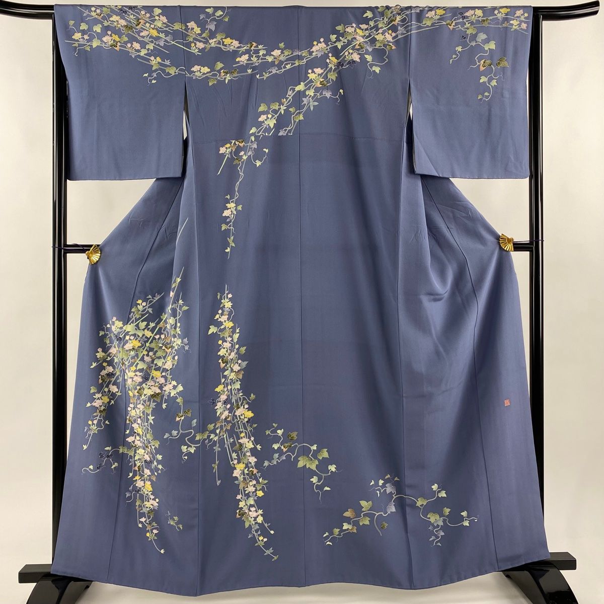 訪問着 身丈161cm 裄丈66cm M 袷 寺西一紘 落款 草花 青灰色 正絹