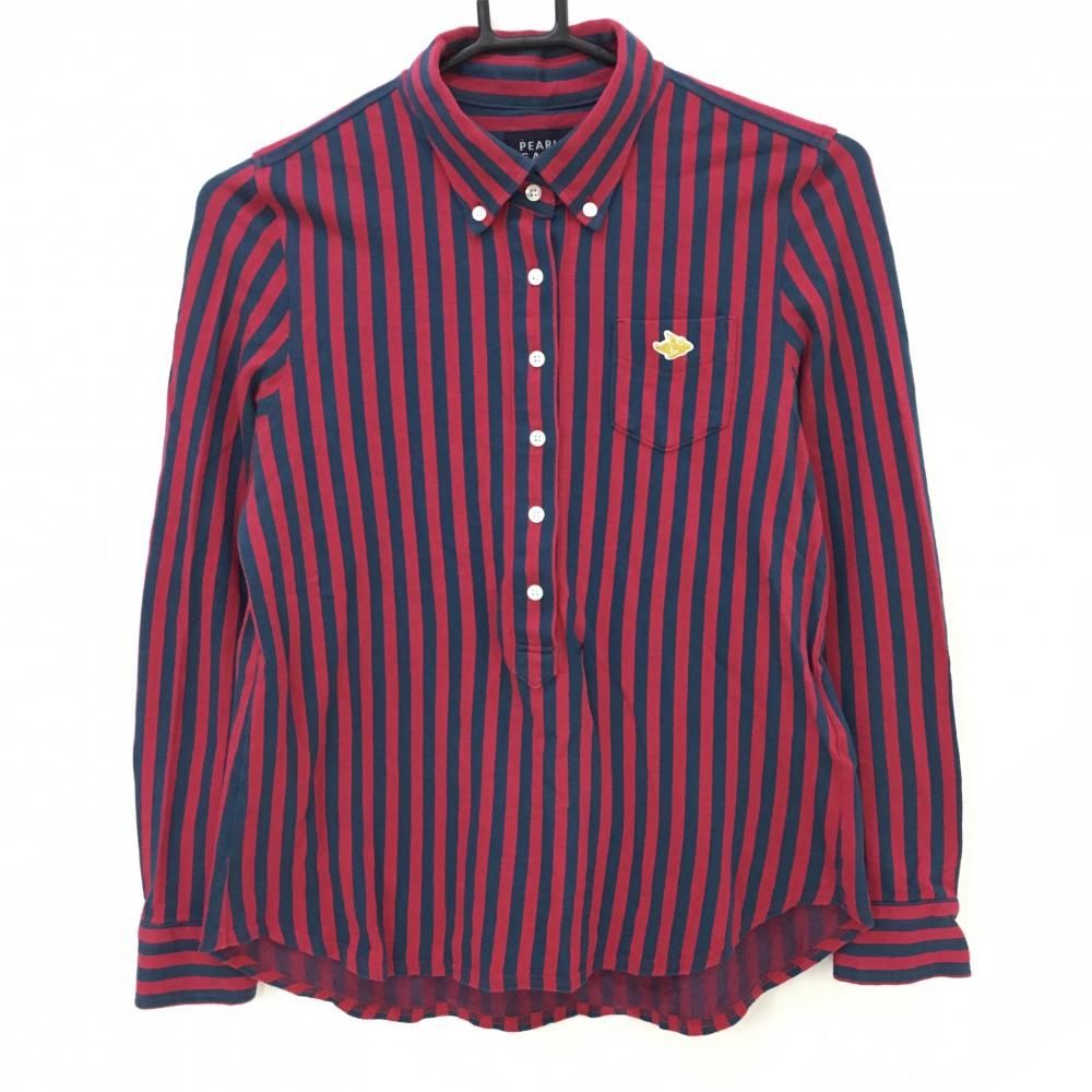 美品】パーリーゲイツ 長袖ポロシャツ レッド×グレー ストライプ