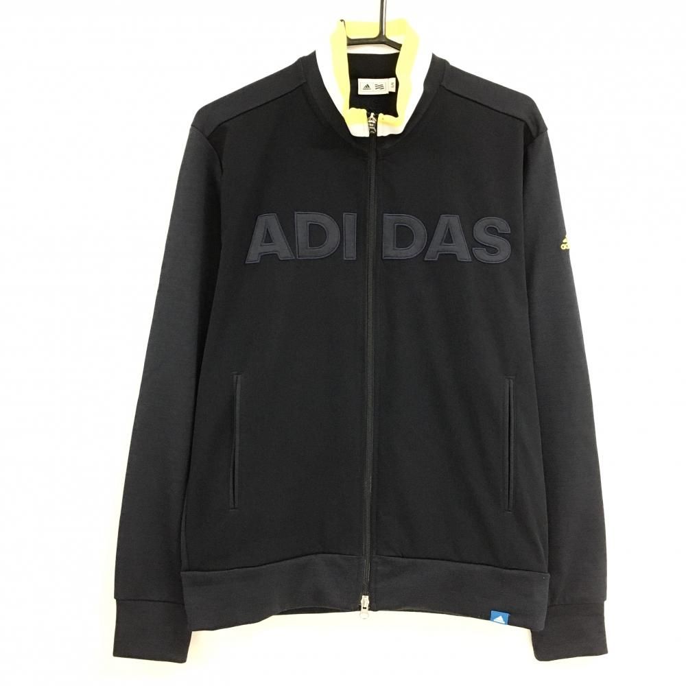 【美品】アディダス ジャケットブルゾン ダークネイビー×イエロー ビッグロゴ 内側パイル地 メンズ L/G ゴルフウェア adidas