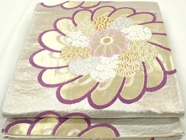 夏帯 絽 唐織 袋帯 六通柄 正絹 花文 菊 雲 イ5564 平和屋着物◎六通柄袋帯 唐織 孔雀花文 銀糸 正絹 逸品