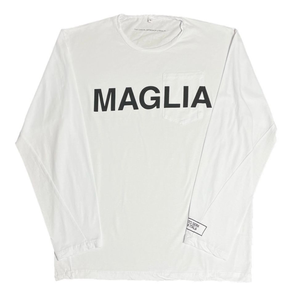MADE IN ITALY製 MAGLIA モデル L-2814 ロゴプリント クルーネック長袖Tシャツ ホワイト S～XLサイズ