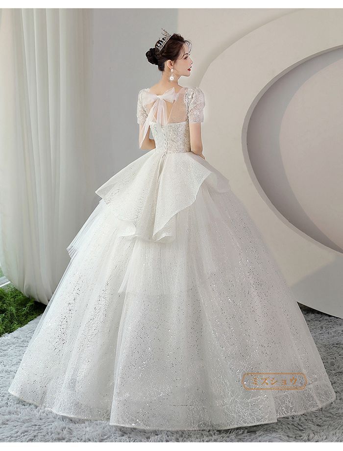 ウェディングドレスAライン花嫁ドレス編み上げ花嫁結婚式ドレス白二次会ドレス二次会前撮り二次会ウエディングドレスキラキラ