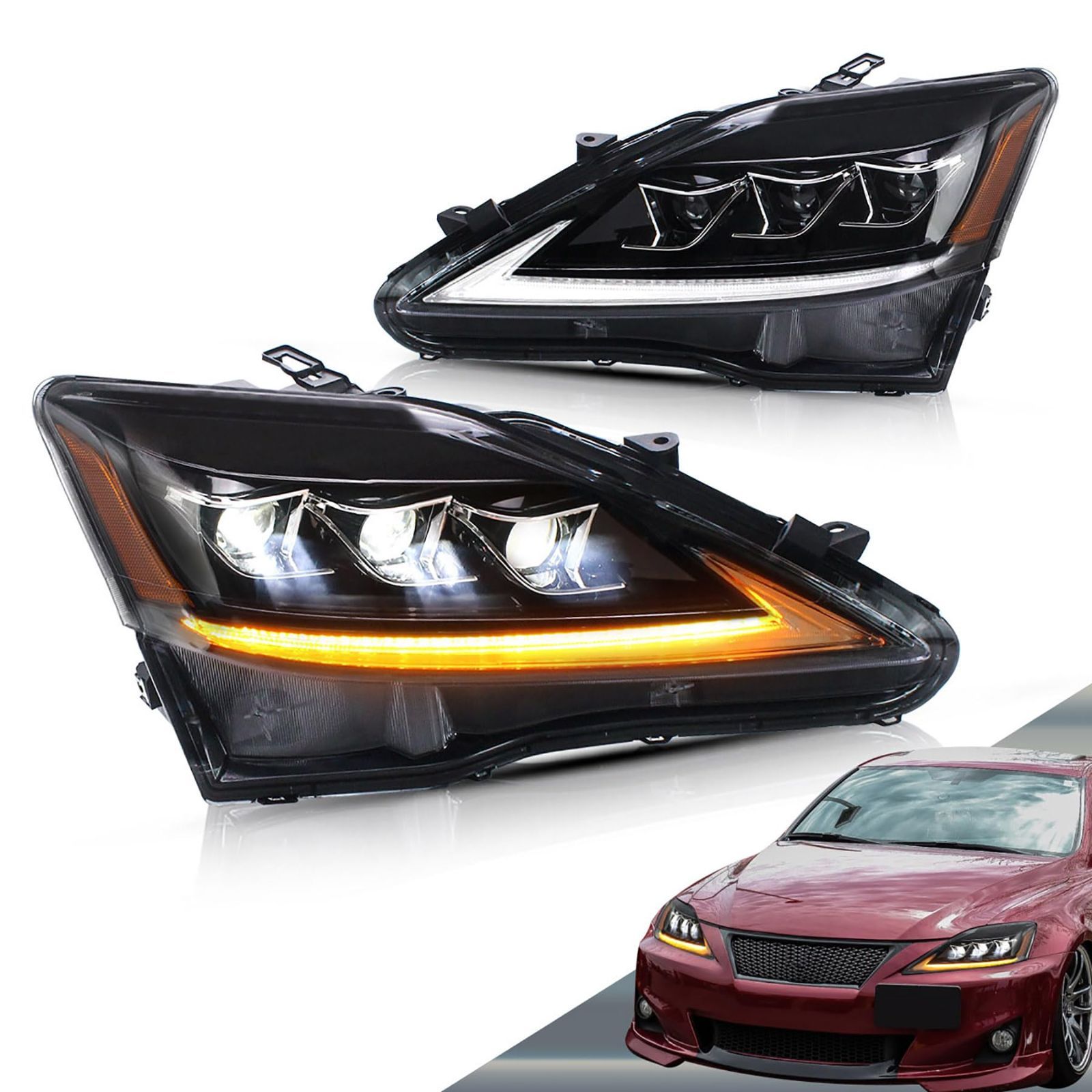 レクサス IS250 ヘッドライト IS350 ISC ISF GSE20 USE20 流れるウインカー 全LED ヘッドランプ 左右2点セット アンバー色 200