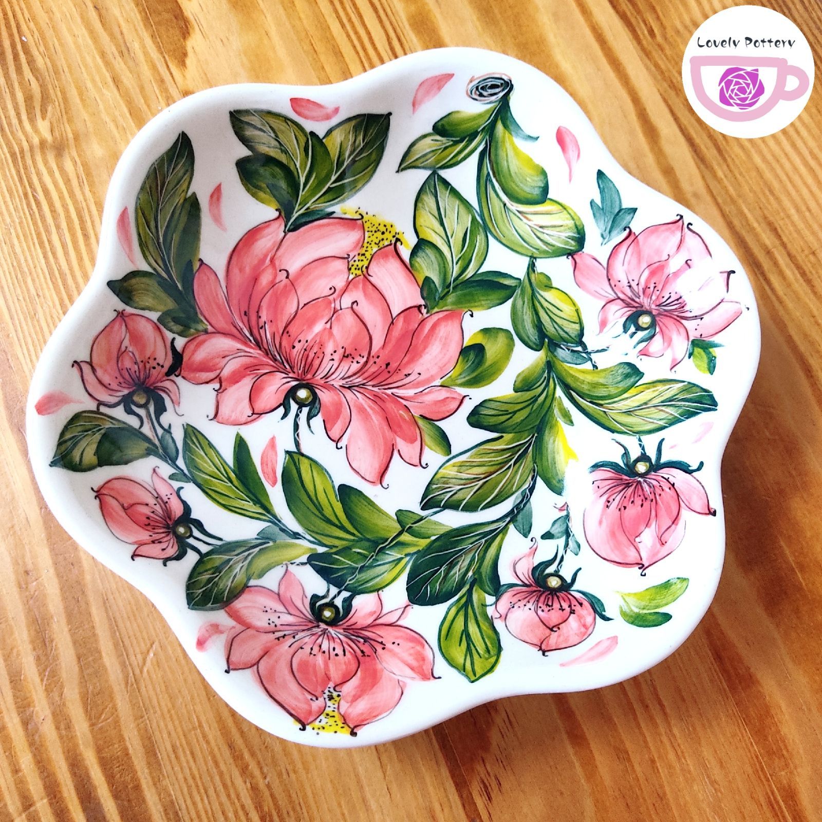 お花のボウル フラワーボウル 20cm ピンクの芍薬模様 ポーランド