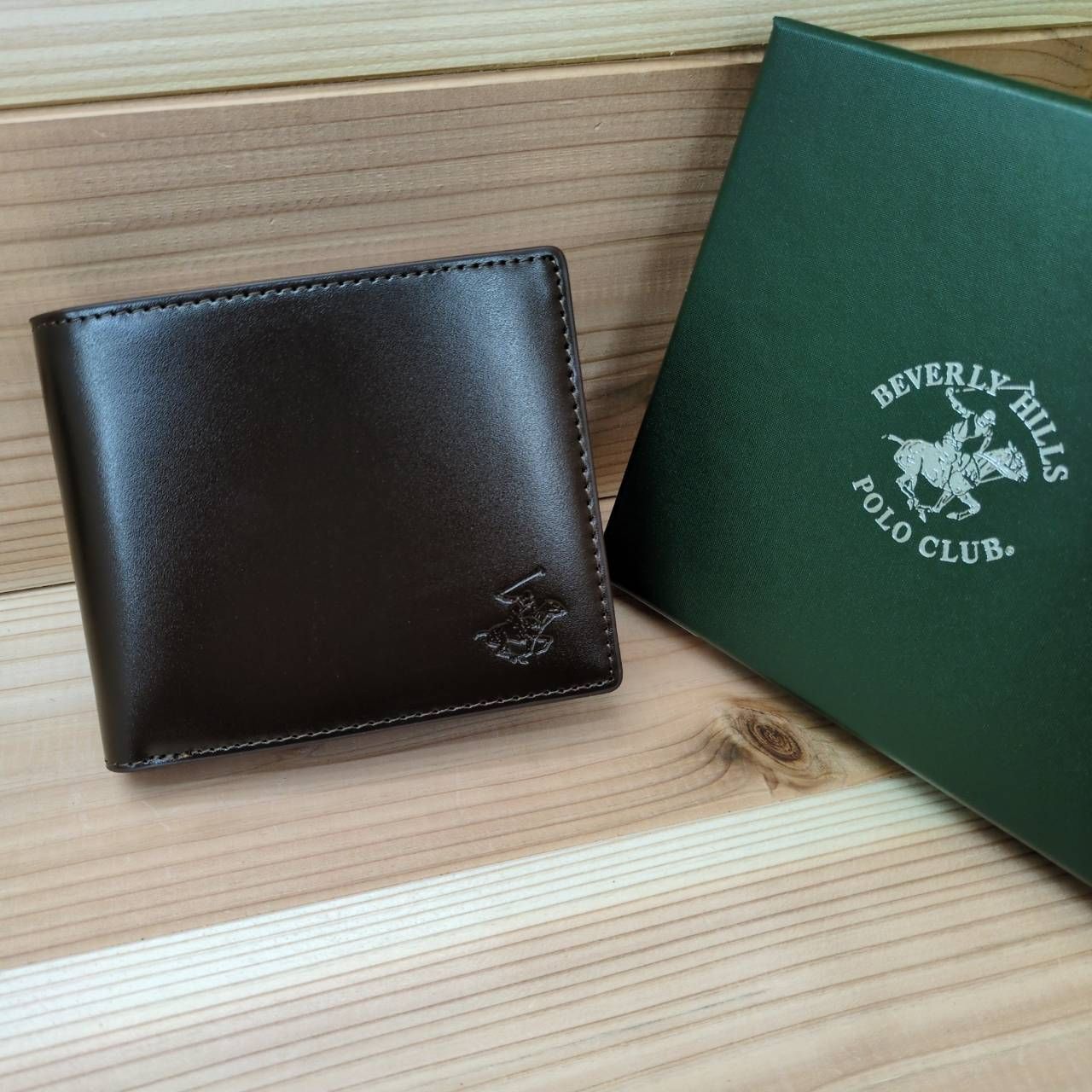 数量 ネットで レザー 二つ折り財布 2色使い グリーン × ブラウン 牛革 本革 メンズ ビバリーヒルズポロクラブ BEVERLY HILLS POLO CLUB ダークブラウン × ブラウン