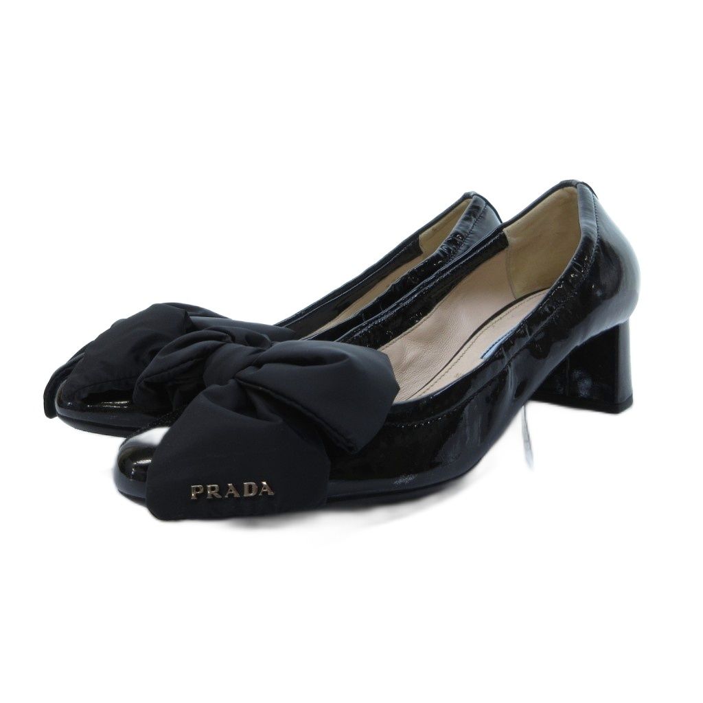 プラダ　フラットパンプス　リボン　バレエシューズ　ブラック　エナメル プラダスポーツ PRADA SPORT フラットシューズ バレエシューズ