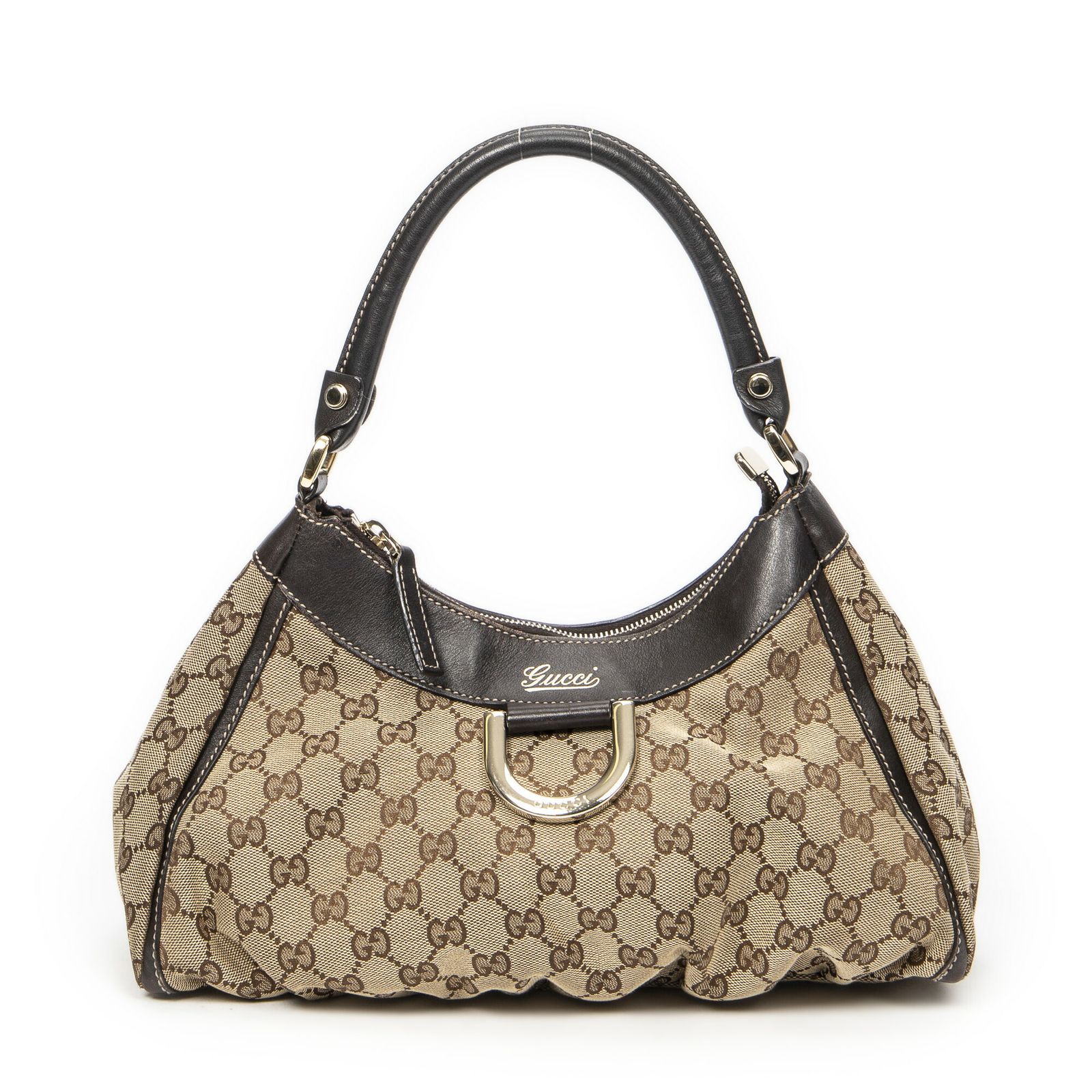 GUCCI グッチスモール D リング ホーボーブラウン|ベージュGGキャンバスA