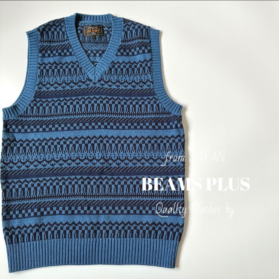 【良品】 BEAMS PLUS / インディゴ　ジャカード  ニットベスト