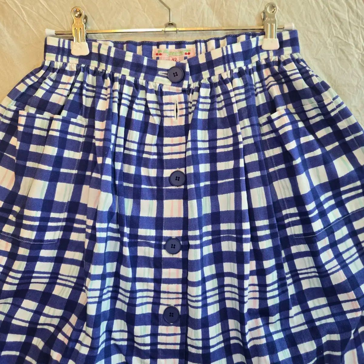 ボンポワン 女児 青 チェック フ シャーリング スカート 12y