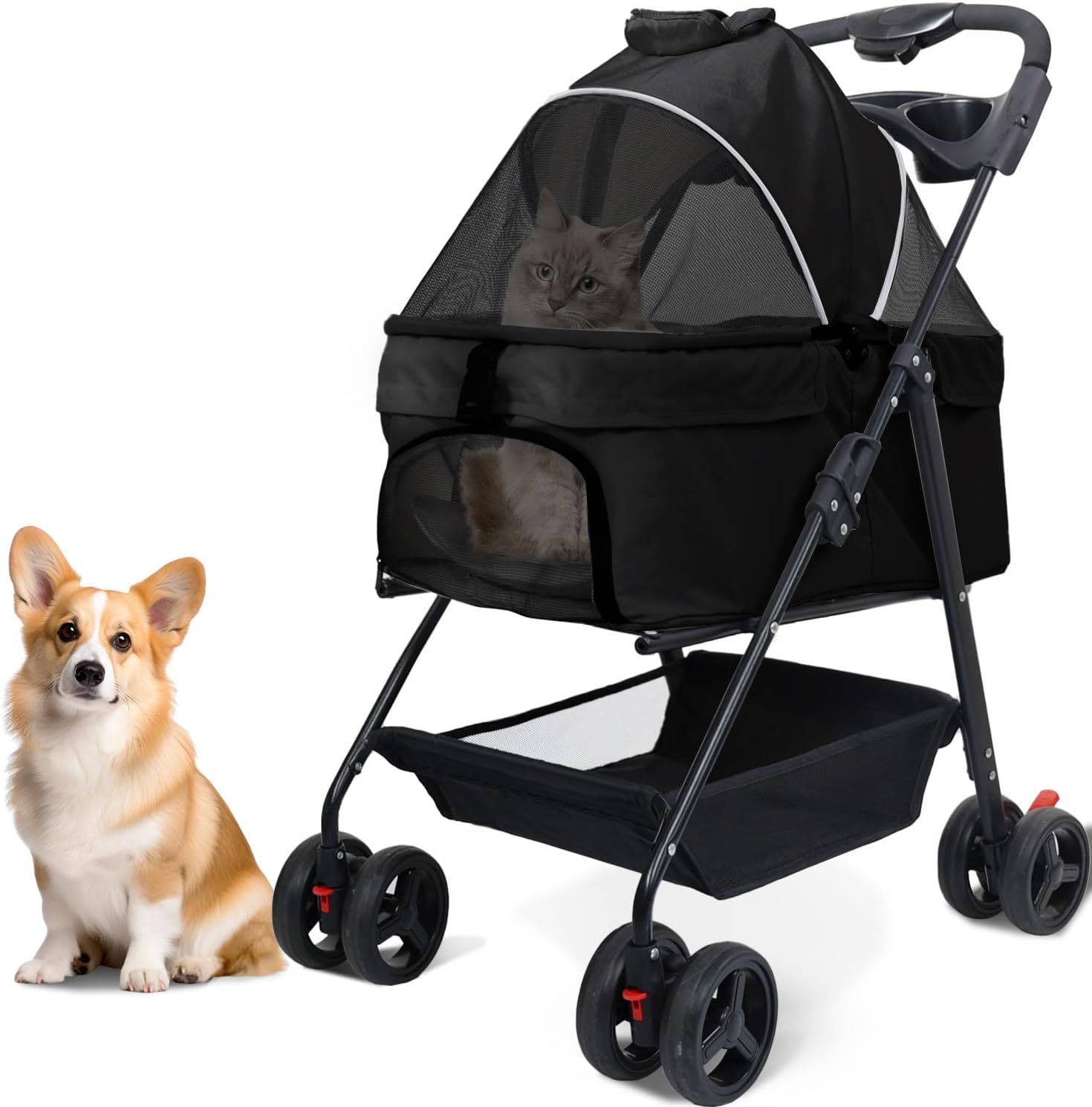 Sintu ペットカート 分離型 犬用カート 猫 バギー 軽量 コンパクト 小型犬 中型犬 多頭 ワンタッチ 折りたたみ 前輪360回転 後輪ブレーキ付 飛び出し防止リード2本付き 組み立て簡単 耐荷重15KG 