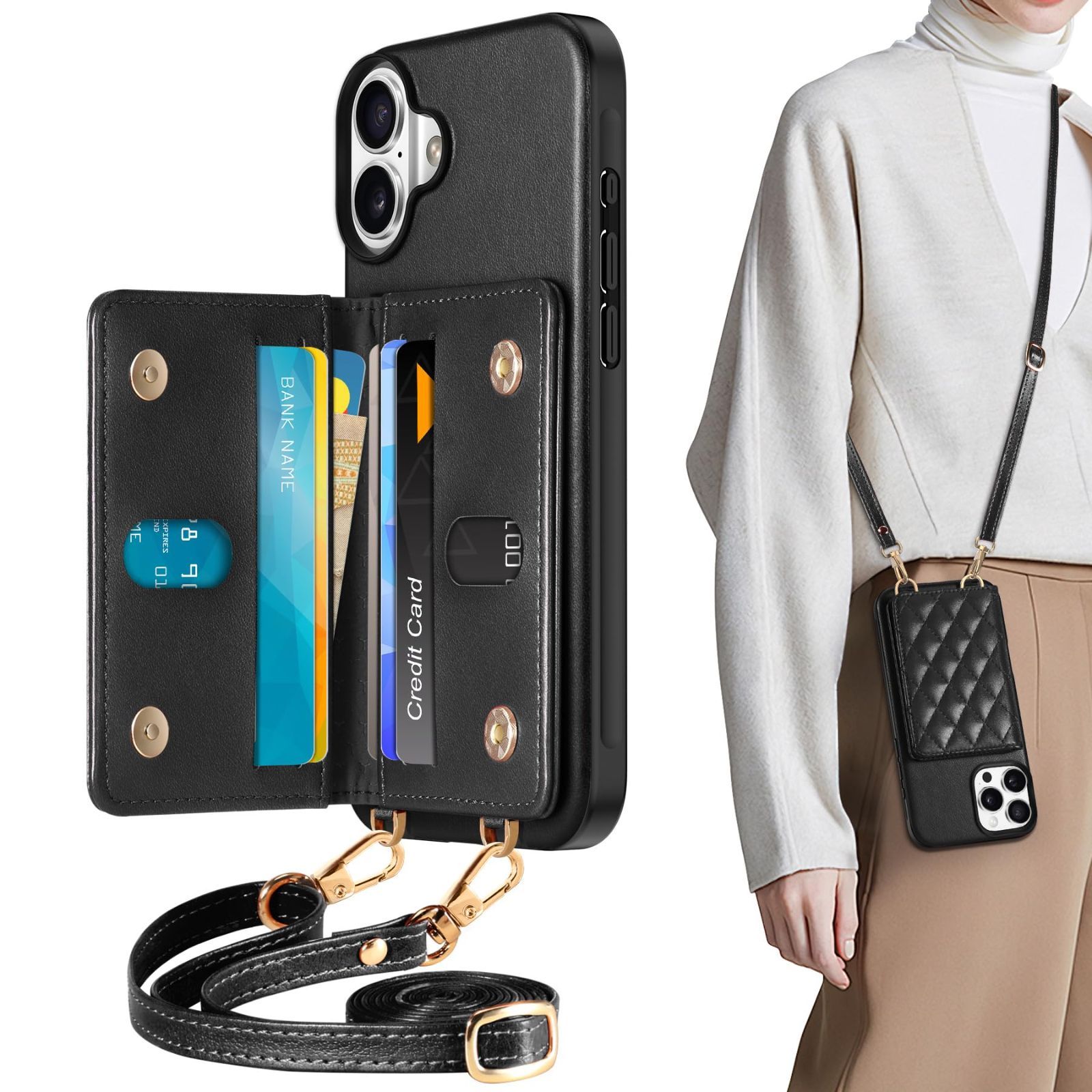 【人気商品】[RFIDブロッキング] PUレザー 6つポケット アイフォーン16プロマックスカバー 取り外し不可 ストラップ付き 財布型 ショルダー 肩掛け 斜め掛け 手帳型 TPU素材 背面 衝撃吸収 ケー