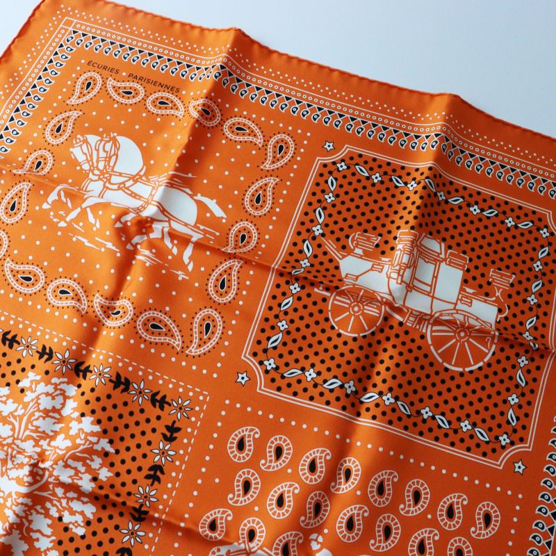 HERMÈS シルク ハンカチ オレンジ 極美品 エルメス HERMES カレ55 パリの厩舎 Ecuries Parisiennes