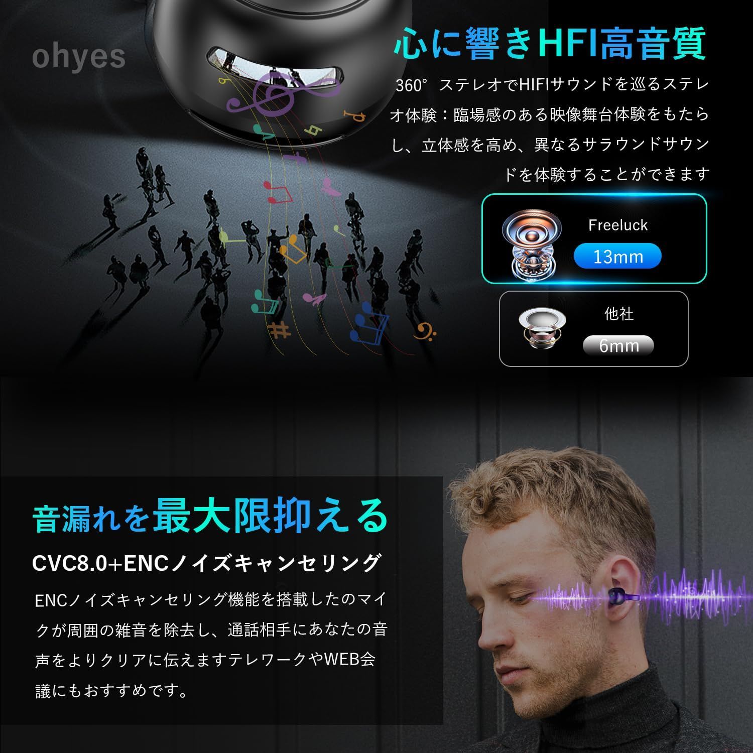 在庫処分】ohyes ワイヤレスイヤホン イヤーカフ 耳を塞がない