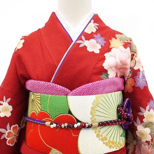 中古】すごい値！袋帯 振袖用 京都 西陣 正絹 金糸 黒地 赤 白 緑 椿  